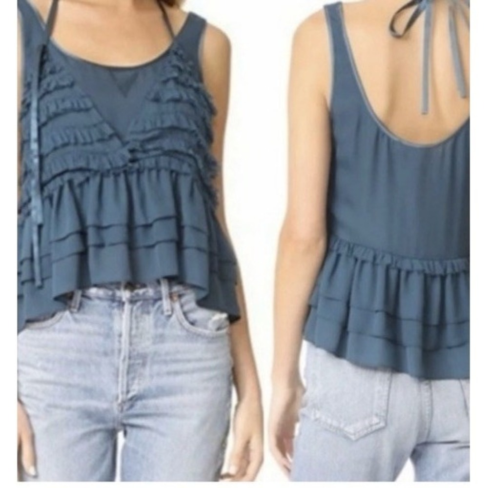 Cinq a Sept NWT Silk Ruffle Cami Top Sleeveless Blue Size L Relaxed Fit